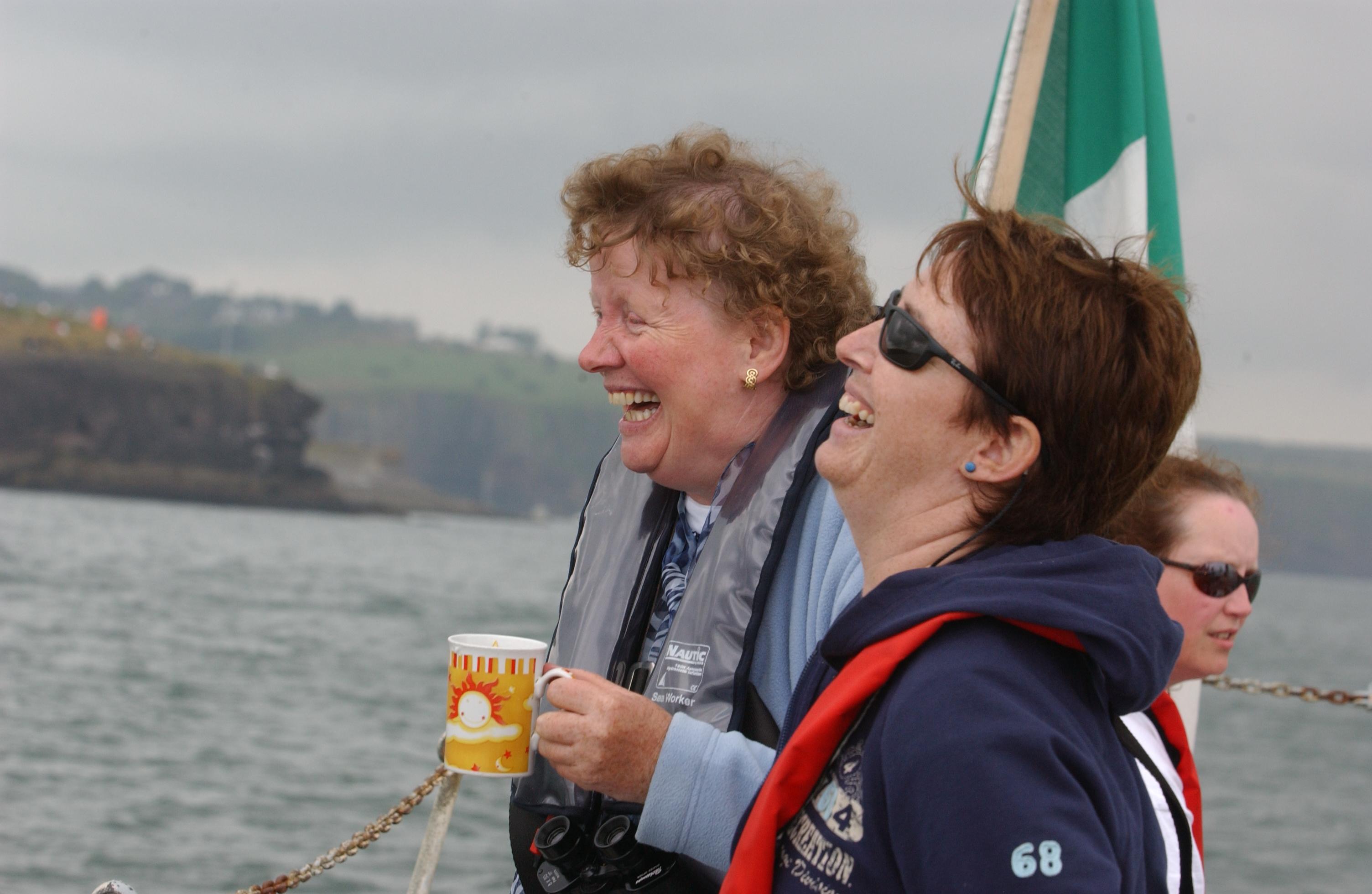 Teresa and Niamh at sea for the Tall Ships race